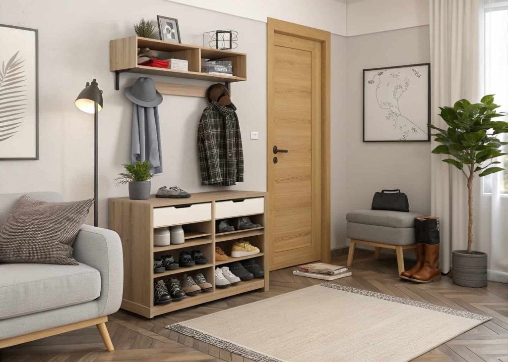 Small apartment living room with compact slim shoe rack, space-saving furniture, cozy modern interior, neutral colors, smart organization setup
