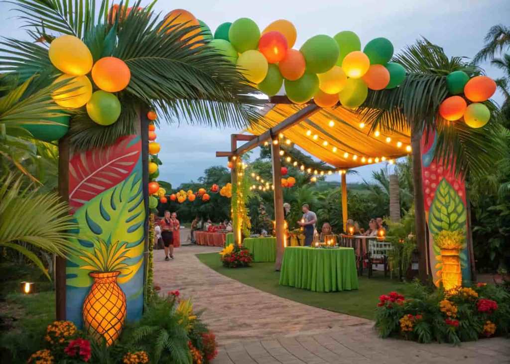A colorful party setup with balloons, banners, and decorations matching a tropical luau theme, guests enjoying the event."