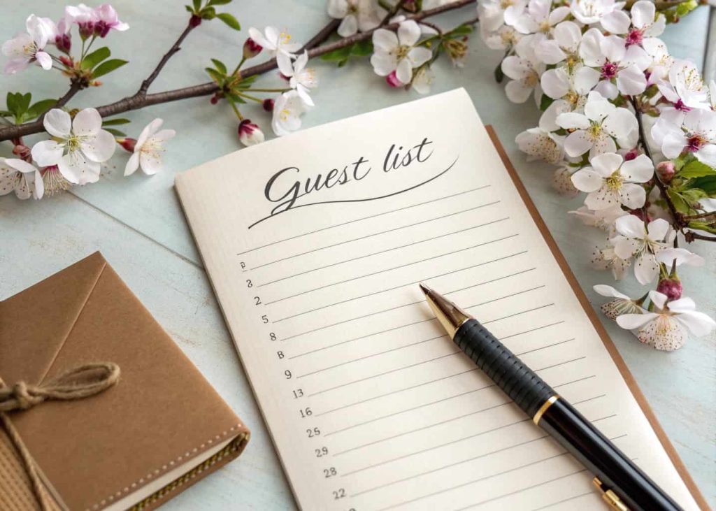 An elegant invitation card on a table with a notebook and pen showing a guest list, surrounded by flowers."
