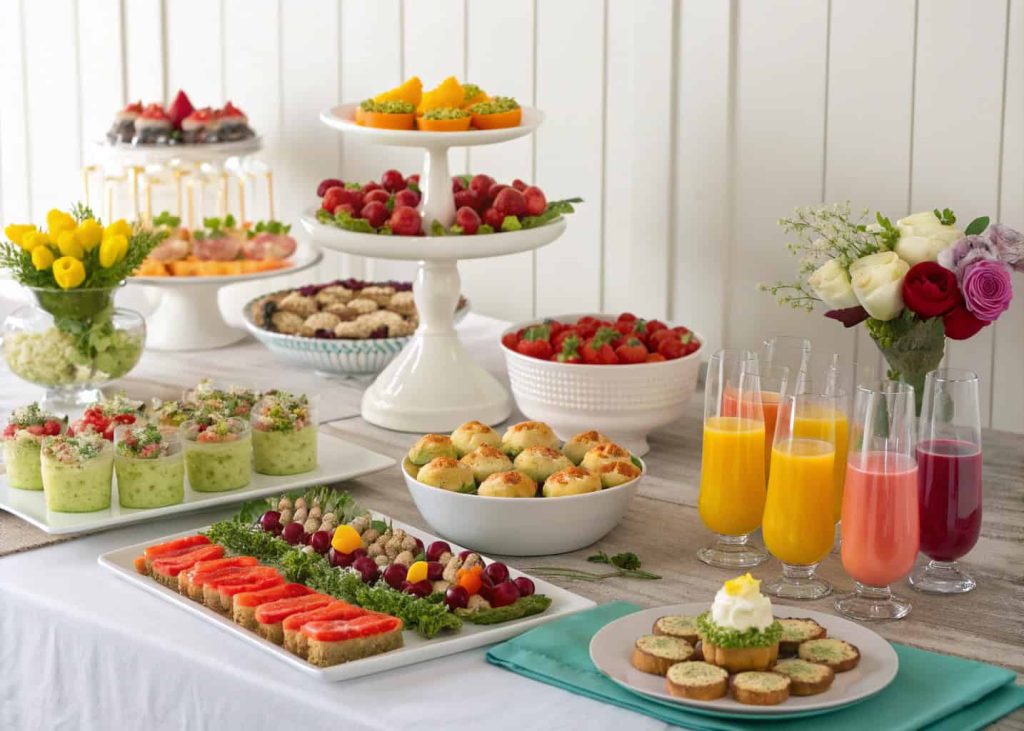 "A buffet table with colorful appetizers, desserts, and drinks, styled beautifully for a party."