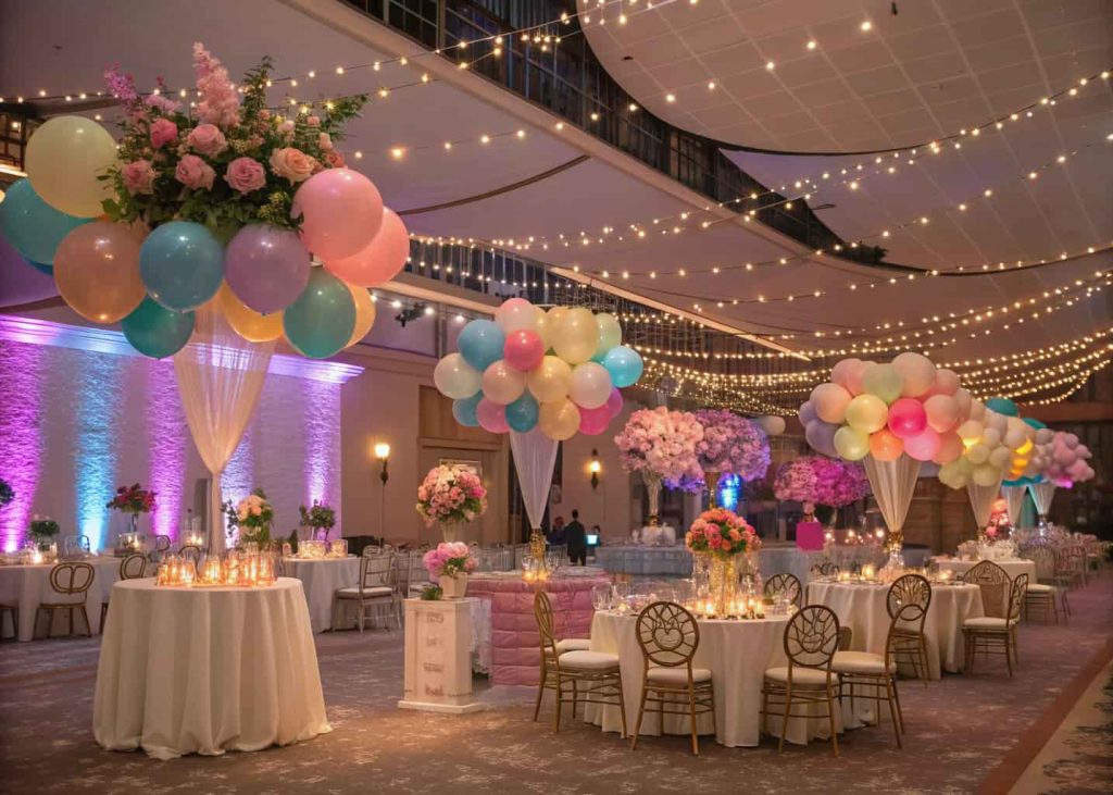"A party hall with elegant table centerpieces, colorful balloons, fairy lights, and themed decorations.