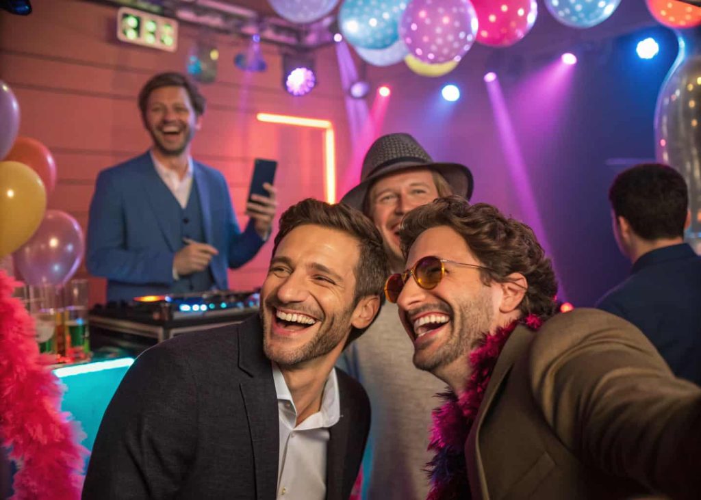 "Guests laughing at a photo booth with props, while a DJ plays music in the background at a lively party."