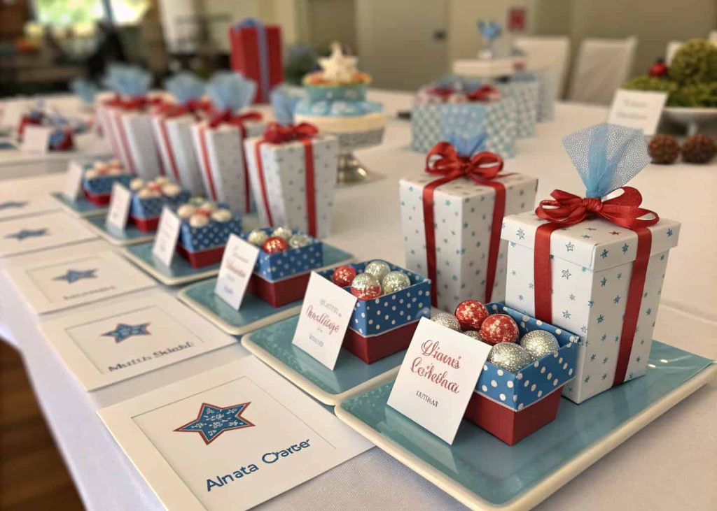 Personalized party favors and name cards on each table, with small gifts and themed decorations."