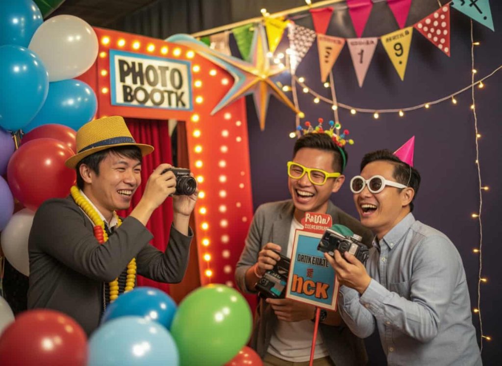 Guests taking photos at a themed photo booth with colorful props and a backdrop matching the party theme."