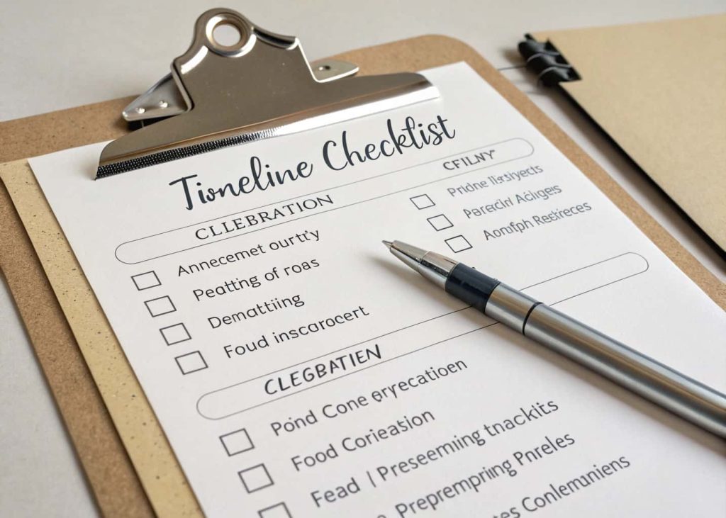 A timeline checklist on a clipboard with a pen, showing scheduled events for a party or celebration."