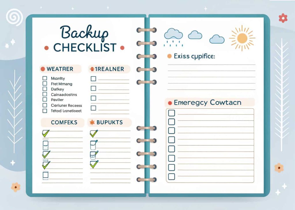 A planner with a backup checklist, including weather alternatives, extra supplies, and emergency contacts for an event."