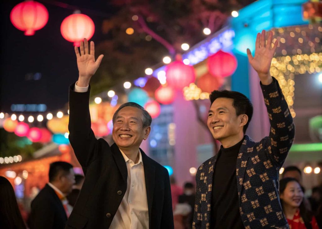 "Guests waving goodbye with smiling faces as the event ends, colorful lights and decorations in the background."