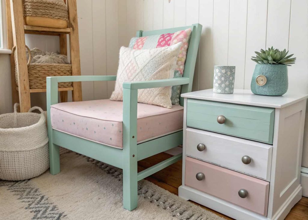 DIY upcycled wooden chair painted pastel colors, modern knobs, cozy corner setup, budget home makeover"