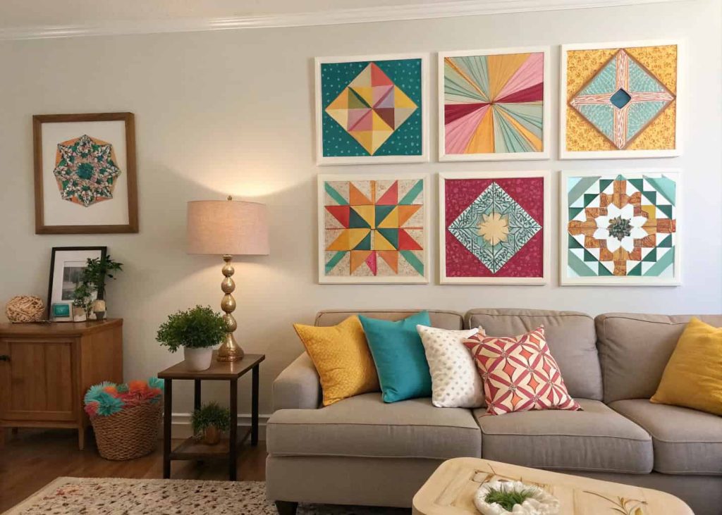 DIY wall art with colorful geometric patterns, handmade photo collage, cozy modern living room wall"