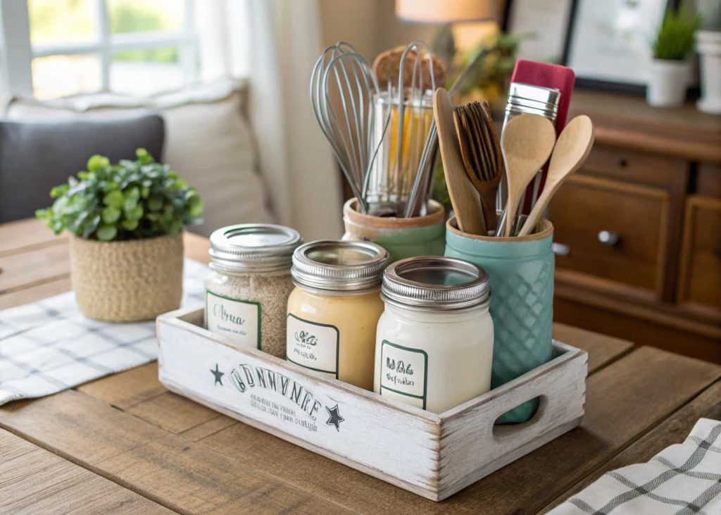 "Mason jar organizer with paint and labels, holding kitchen utensils, rustic and budget-friendly decor setup"