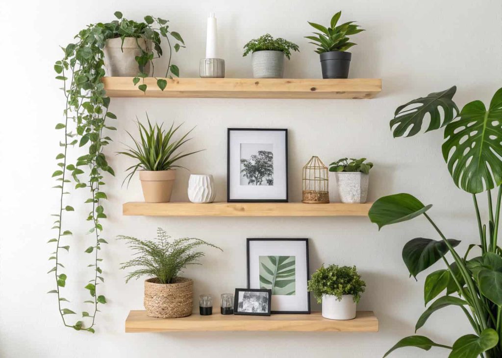 DIY floating wooden shelves with potted plants and photo frames, minimalist and modern home decor"