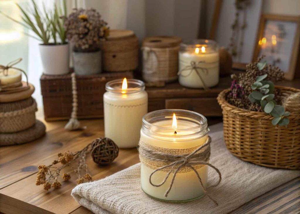 "Handmade candles in glass jars with twine, cozy room lighting, DIY home decor idea"