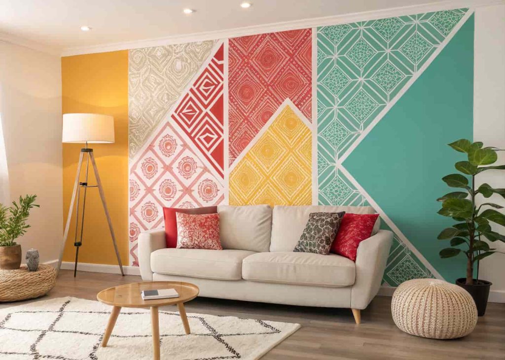 "DIY wall stencil geometric pattern, modern colorful accent wall in living room, budget home makeover"