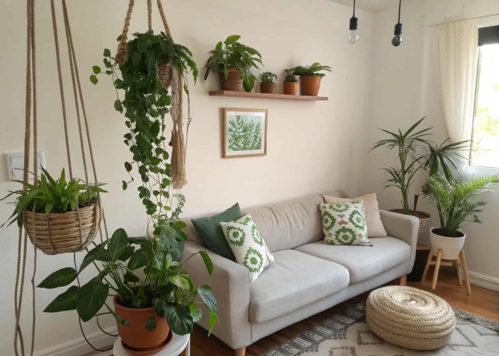 "Indoor plant corner with hanging planters and small pots, cozy modern living room setup, budget-friendly decor"