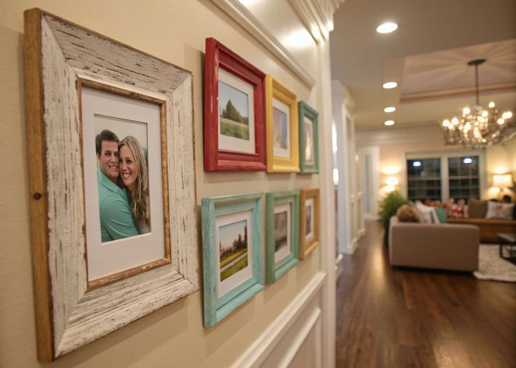 DIY picture frames with painted wooden borders, family photos gallery wall, budget home decor"