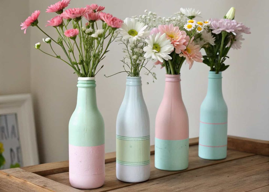 Recycled glass bottle vases painted in pastel colors, holding fresh flowers, budget DIY decor setup"