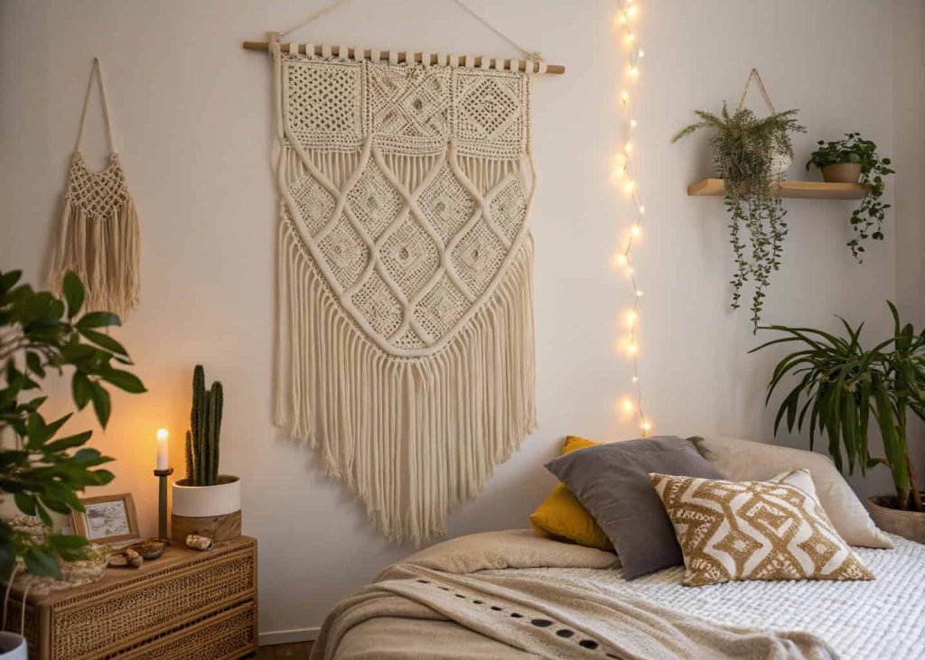 DIY macrame wall hanging with natural yarn, boho-chic bedroom decor, cozy budget-friendly setup"