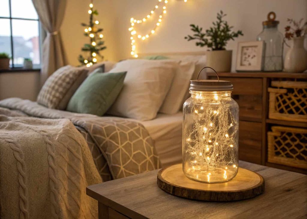 "DIY jar lamp with fairy lights, warm cozy bedroom, budget-friendly home lighting decor"