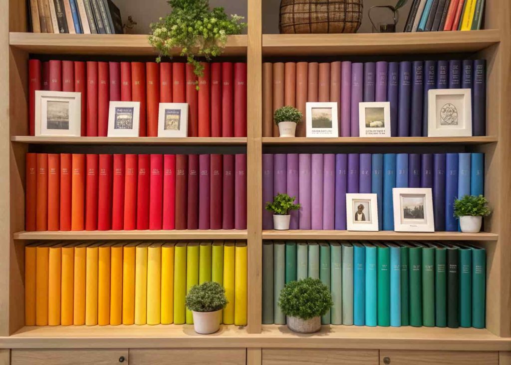 A bookshelf with books arranged in a rainbow pattern, with small decorative plants and photo frames in between.