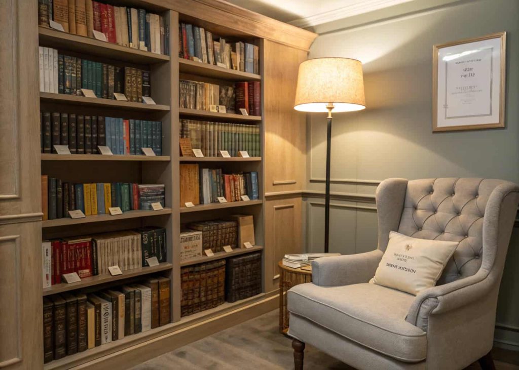 A bookshelf with books neatly arranged alphabetically, small labels on shelves, cozy reading corner.