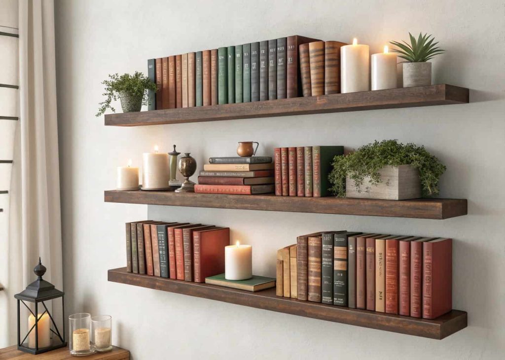 Floating wall shelves with books arranged vertically and horizontally, small decor items like candles.