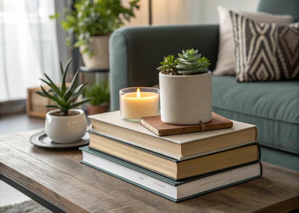 Horizontal stacks of books on a coffee table with a small plant or candle on top.
