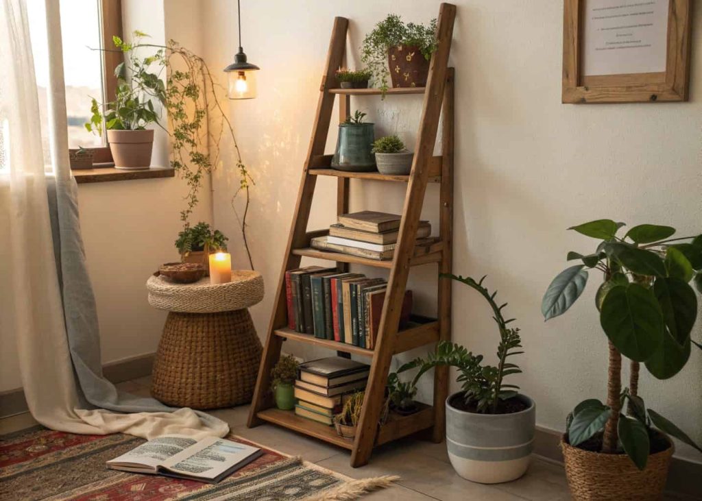 Wooden ladder shelf with books, plants, and small decorative items, cozy corner setup.