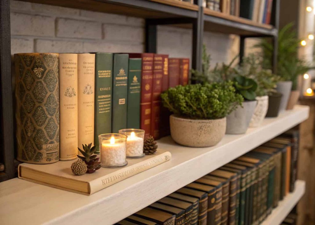 Books on a shelf with covers facing forward, small candles or plants beside them.