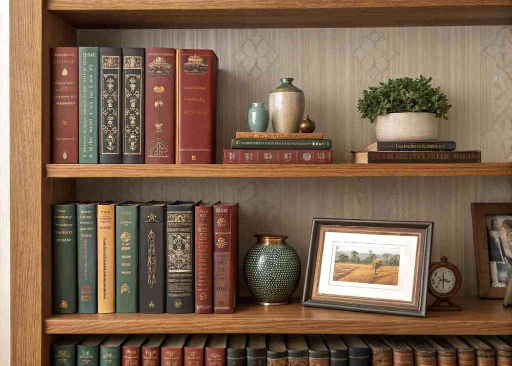 Books arranged vertically and horizontally with small decorative items like vases and photo frames.