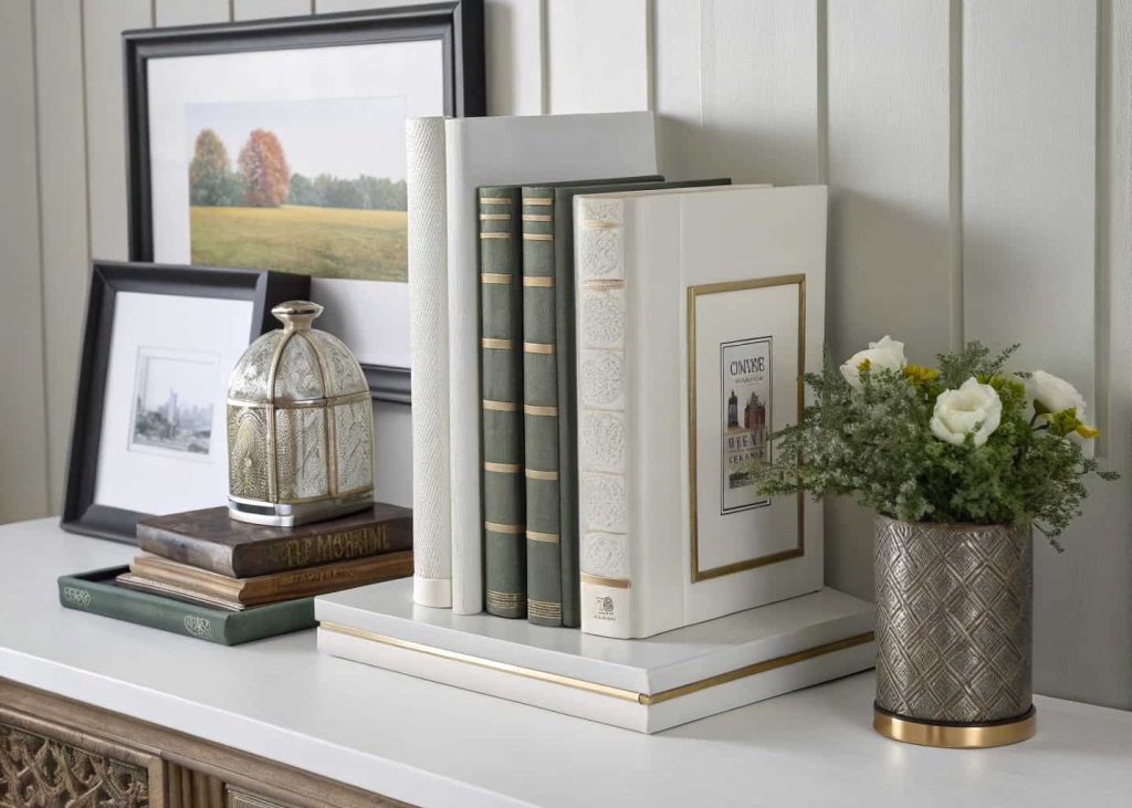Stylish bookends holding books on a shelf, simple decor around them.