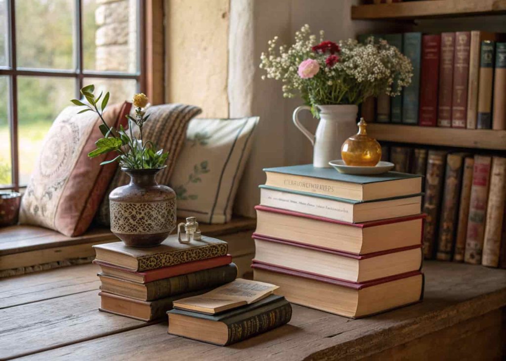 Books arranged by size on a shelf, with small decorative items on top.