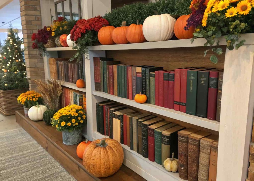 Books displayed on shelves with seasonal decor items, like small pumpkins or flowers.