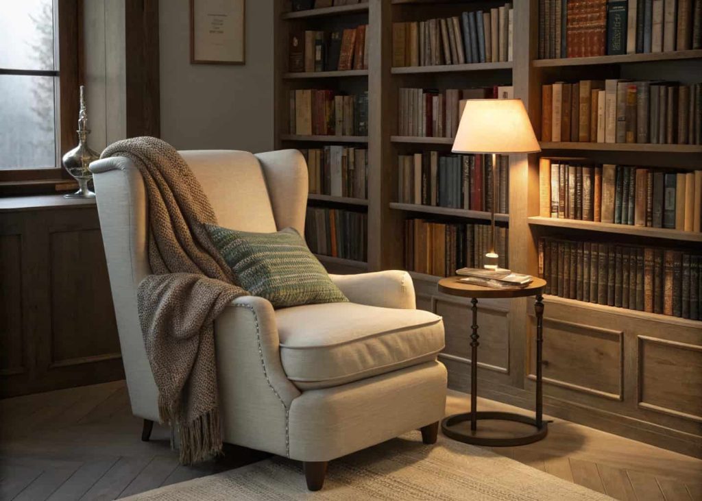 Comfy reading chair surrounded by bookshelves, small lamp, and cozy blanket.