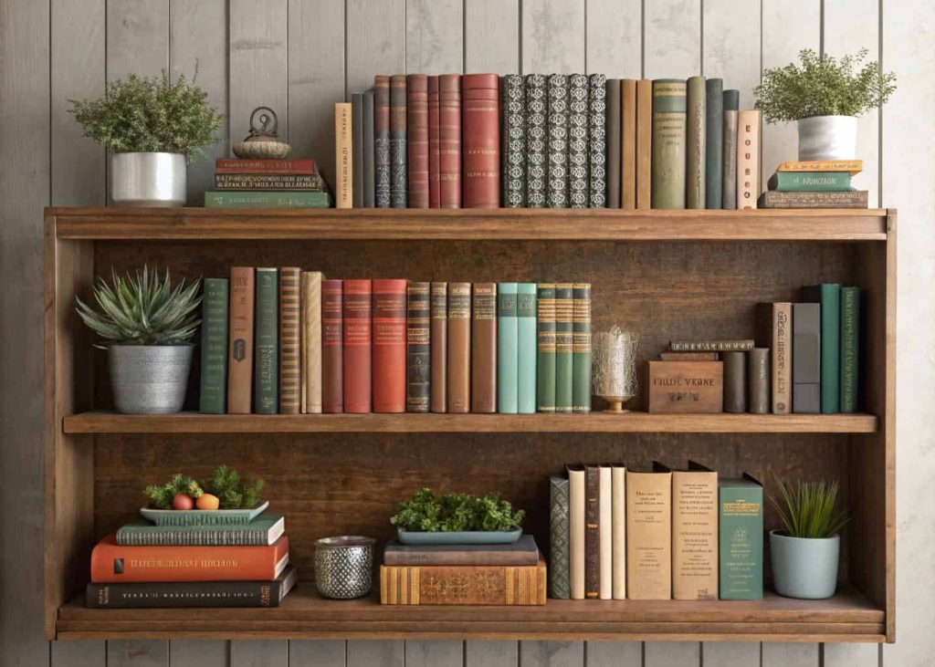 Books arranged vertically and horizontally on a shelf, with small decorative items like plants.