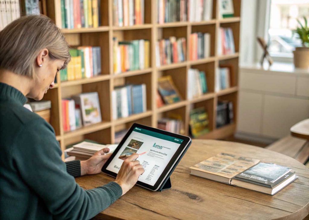 Person using a tablet to catalog books, bookshelf in the background.