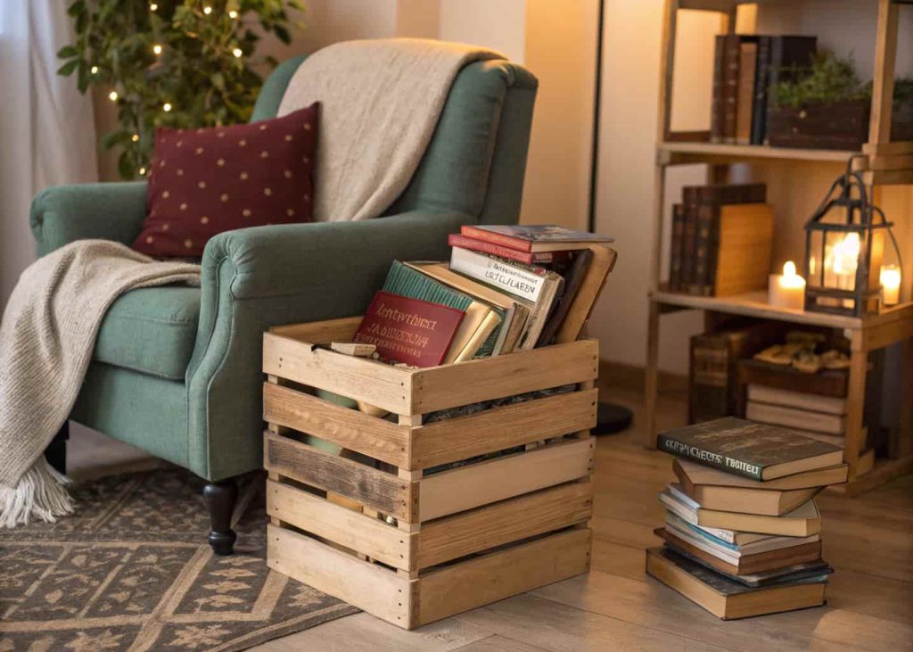 Wooden crate filled with books, placed next to a comfy chair or sofa.