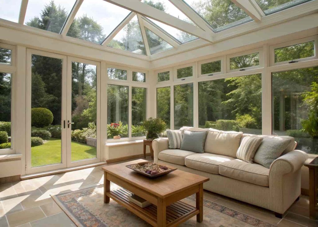 glass wall sunroom with floor to ceiling windows, neutral sofa, wooden coffee table, greenery outside, bright airy interior