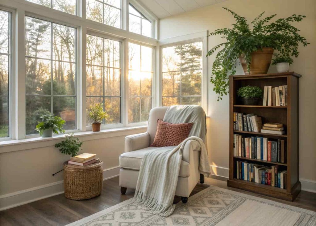 cozy sunroom reading nook, large window, armchair with blanket, bookshelf, plants, warm natural sunlight