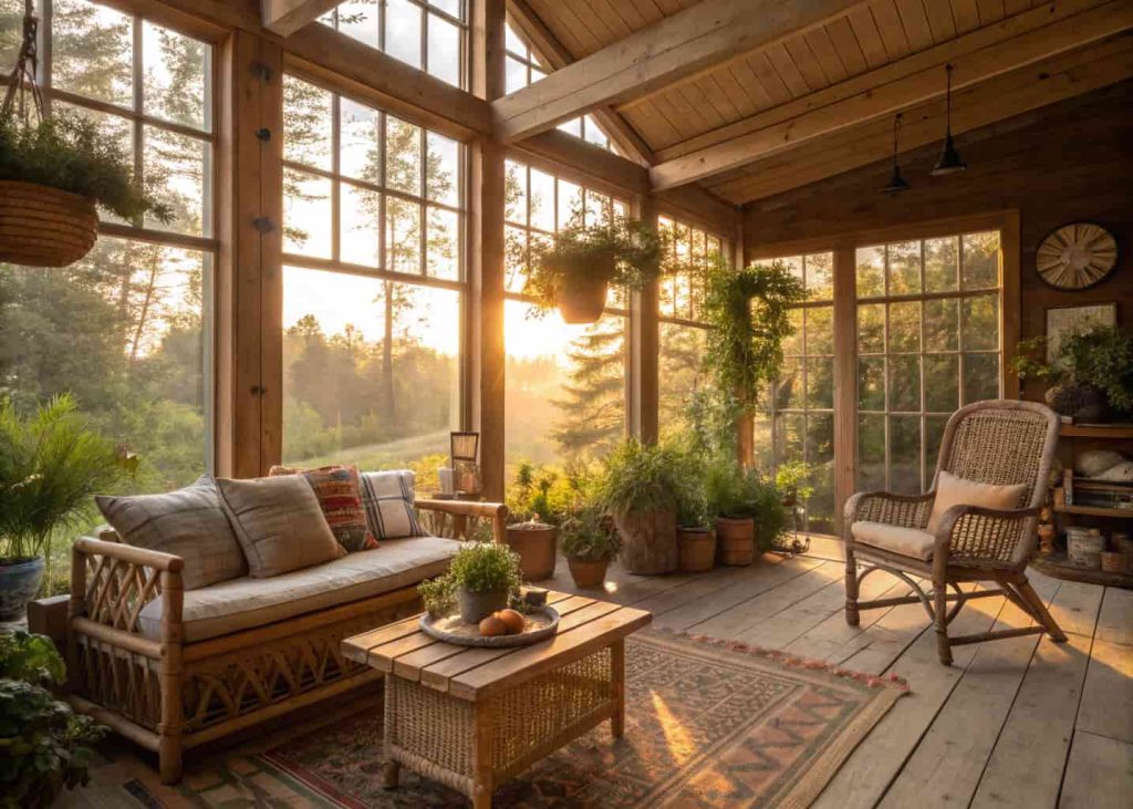 rustic sunroom with wooden furniture, woven textures, plants, sunlight through windows, cozy countryside style