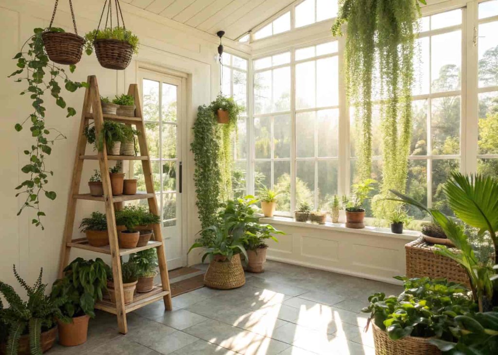 sunroom indoor garden filled with plants, hanging greenery, wooden plant stands, bright natural sunlight