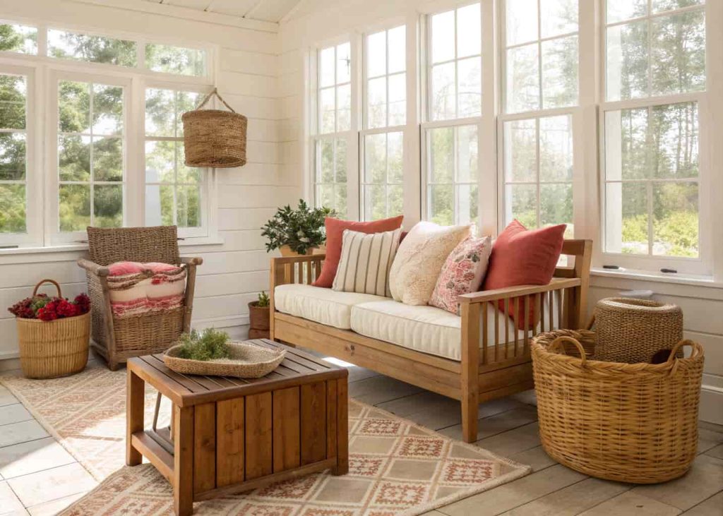 farmhouse style sunroom with wooden furniture, soft pillows, woven baskets, bright natural light