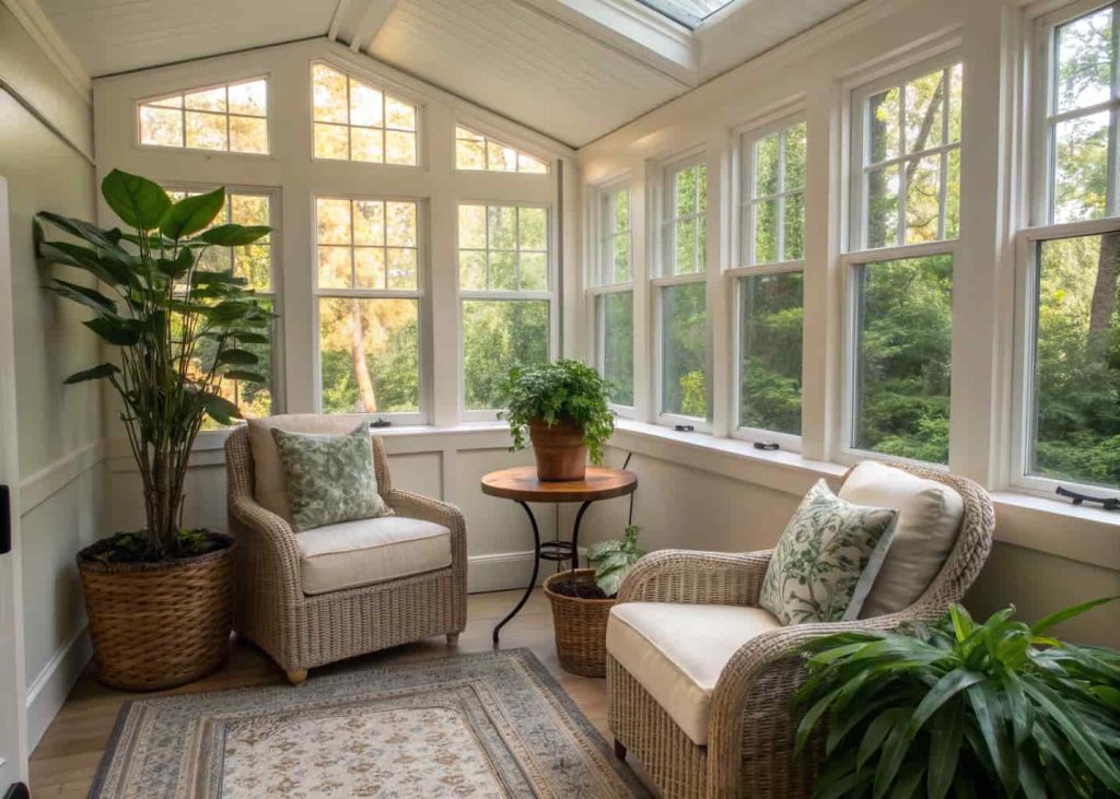 small corner sunroom with two chairs, bright windows, small table, plants, cozy compact design
