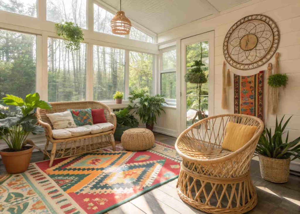 boho sunroom with rattan furniture, patterned rug, macrame wall decor, plants, warm sunlight