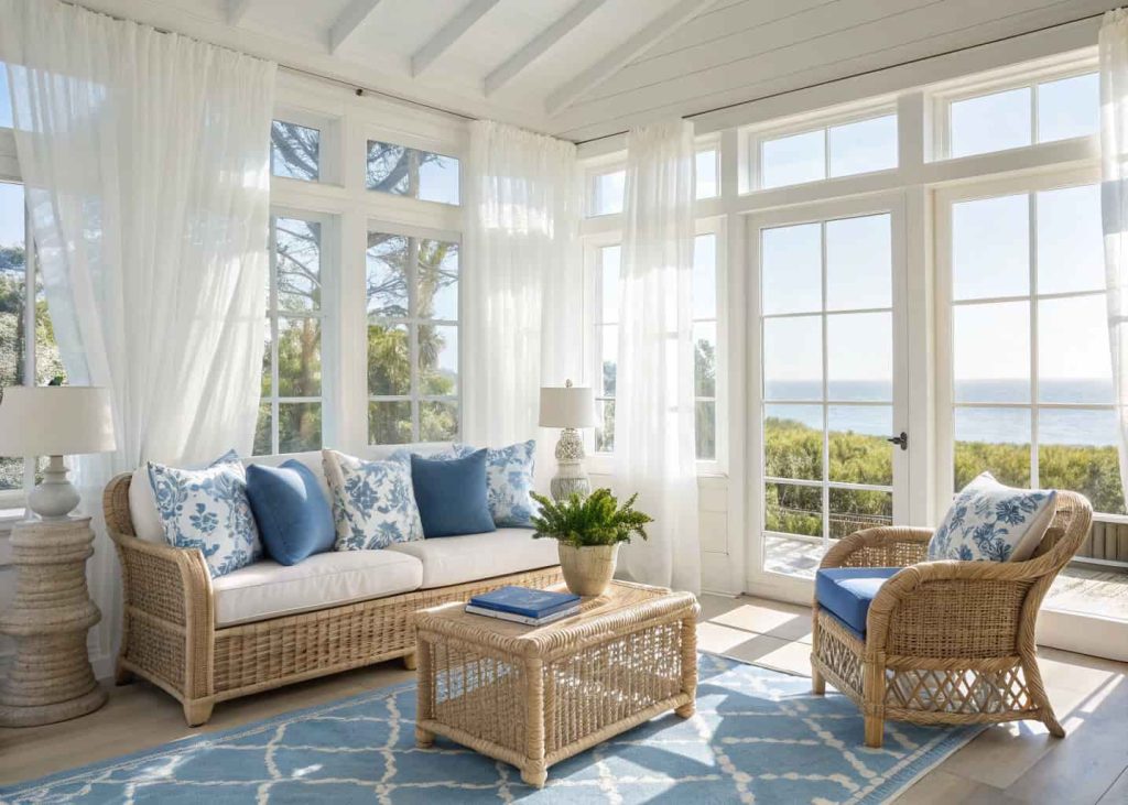 coastal style sunroom with blue and white decor, light wood furniture, airy curtains, bright sunlight
