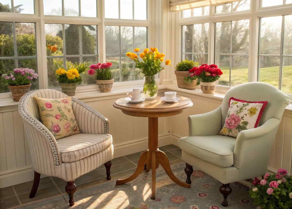 cozy tea corner sunroom with small table, two chairs, flowers, soft sunlight through windows