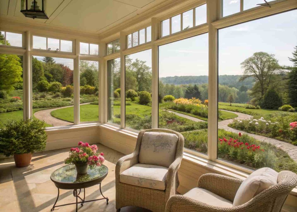 sunroom with panoramic windows overlooking garden, comfortable chairs, bright natural light