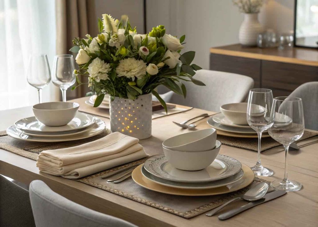 Elegant dining table with fresh flower centerpiece, neutral tableware, linen napkins, soft natural lighting, modern tablescape styling, cozy dining room atmosphere.