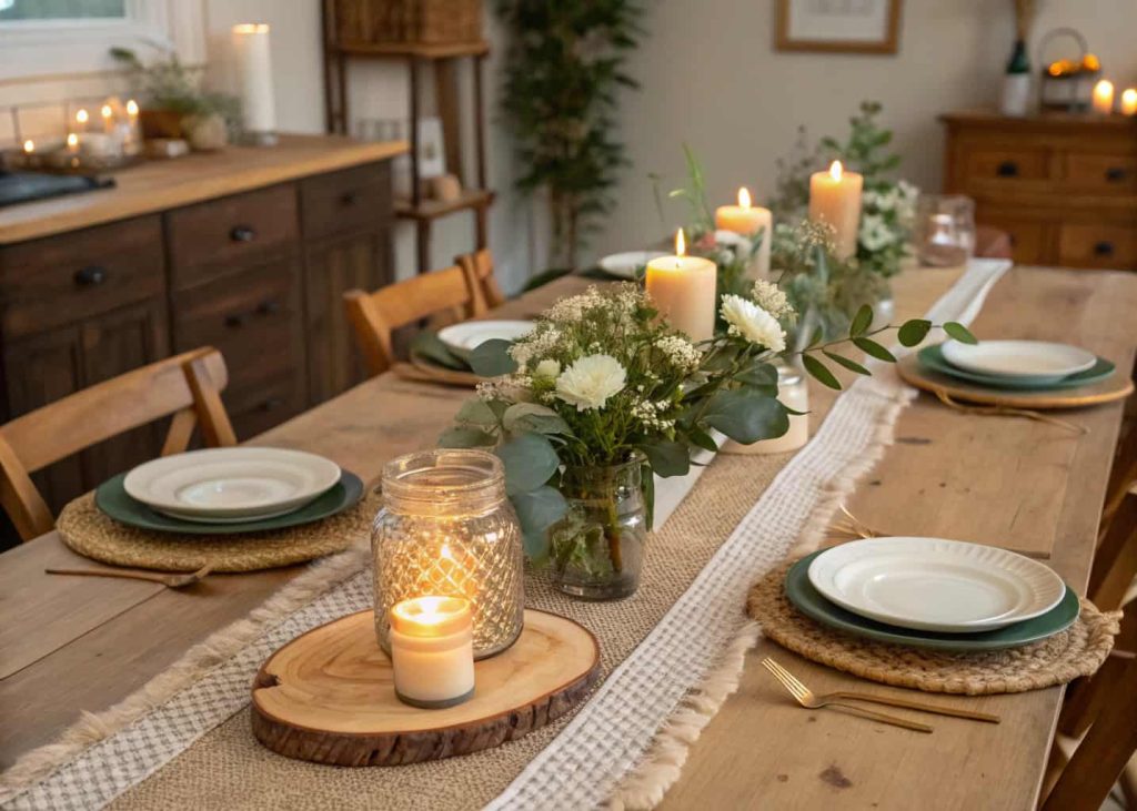 Rustic farmhouse dining table with burlap runner, mason jars, wooden tableware, greenery garland centerpiece, warm candlelight, cozy farmhouse kitchen setting.
