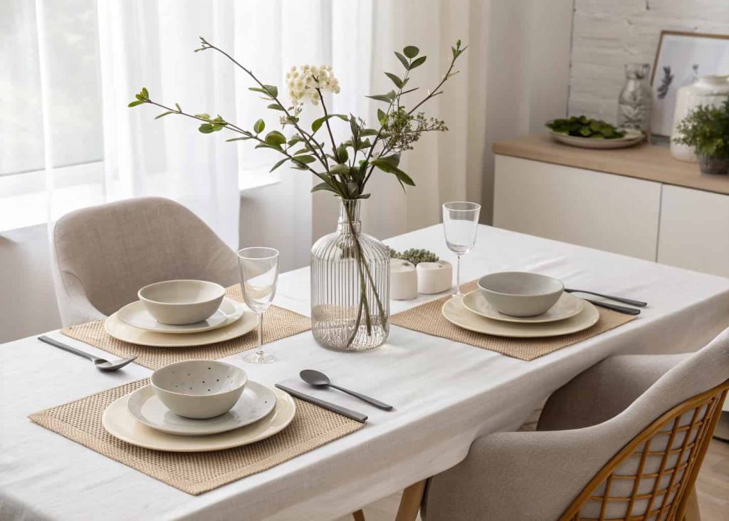 Minimalist dining table setup with neutral tones, simple plates, modern cutlery, single flower vase centerpiece, clean aesthetic, bright modern dining space.