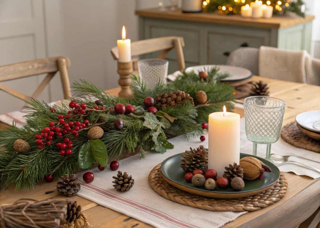 Seasonal tablescape with natural decorations, seasonal colors, candles and greenery, cozy dining table styling for a festive gathering.